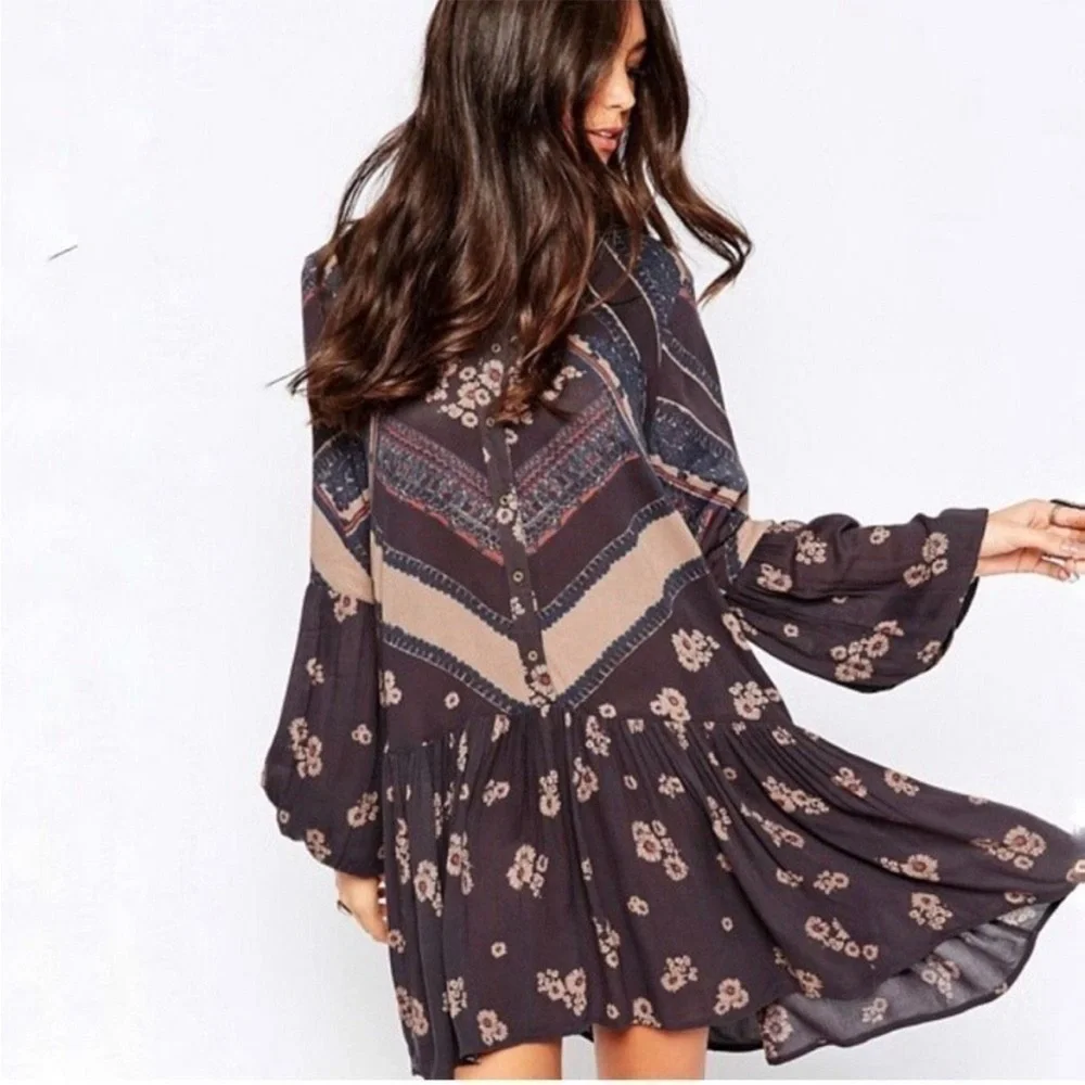 Free People From Your Heart Printed Dress in Midnight Combo Boho Flowy